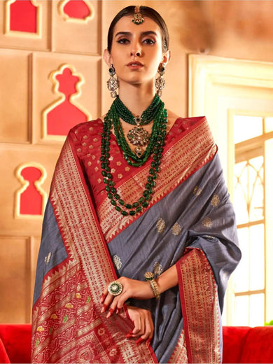 Startling Dusty Blue Patola Printed Silk Wedding Wear Saree With Blouse